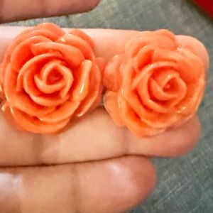 Vintage open rose earrings coral color